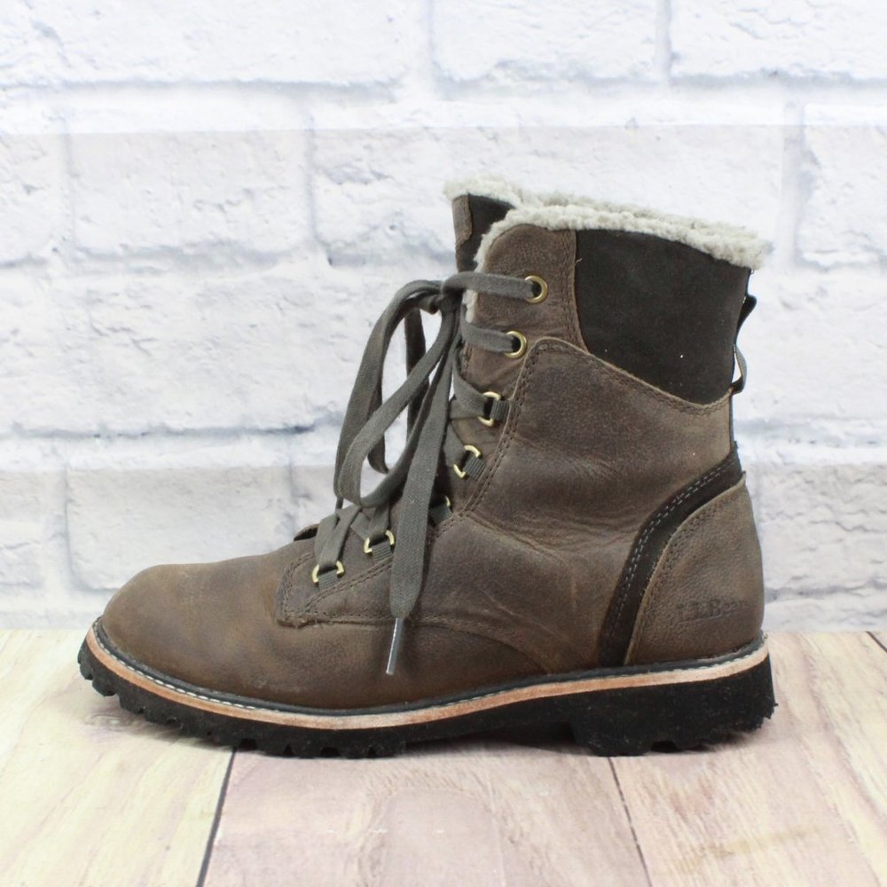 LL BEAN Brown Leather Fleece Lined Vibram Winter Ankle Boots Size 7 M - Picture 1 of 9